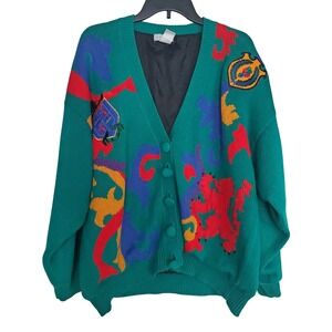 29 Northlake Teal Emerald Green Lion Crest Embroidered Knit Cardigan Sweater XL